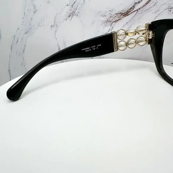 New CHANEL Eyeglasses Black Gold Cat Eye Clear Rotating Pearls 52mm - Picture 7 of 15